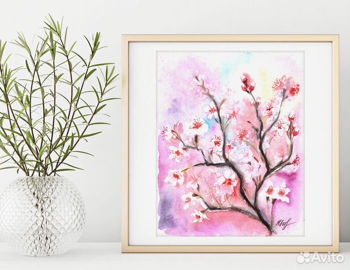 Картина акварелью. Сакура