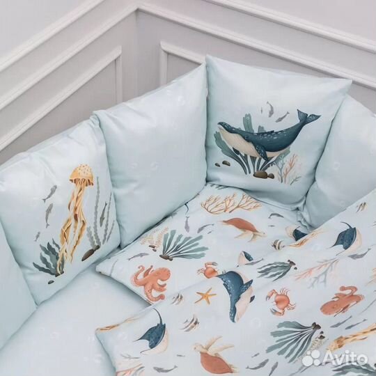 Комплект в кроватку Lappetti «Тайны океана» 6 предметов для овальной и круглой кровати