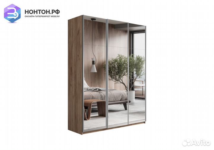 Шкаф-купе 3-х дверный с зеркалом Прайм крафт табач