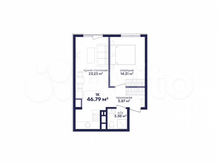 1-к. квартира, 46,8 м², 5/5 эт.