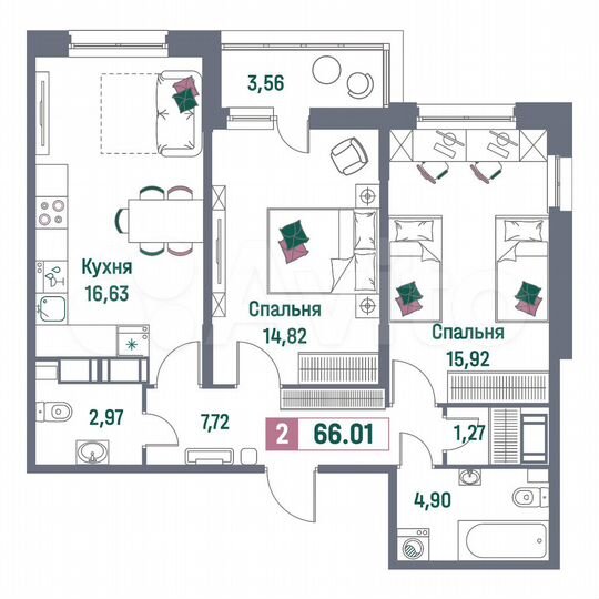 2-к. квартира, 66 м², 7/16 эт.