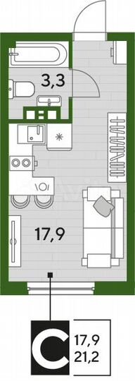 Квартира-студия, 21,2 м², 4/16 эт.