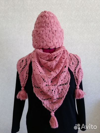 Вязаный комплект шапка + платок (бактус)