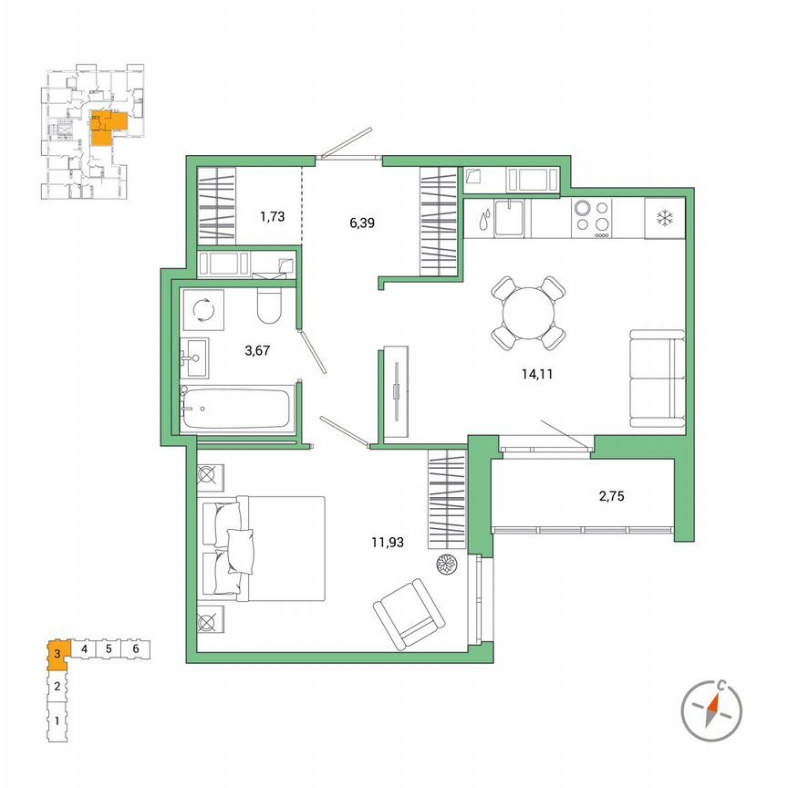 1-к. квартира, 39,2 м², 2/7 эт.