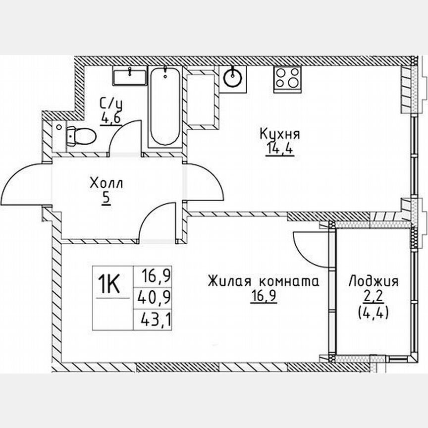 1-к. квартира, 40,9 м², 10/19 эт.