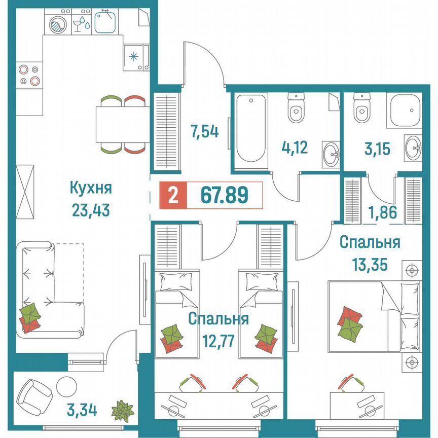 2-к. квартира, 67,9 м², 1/18 эт.