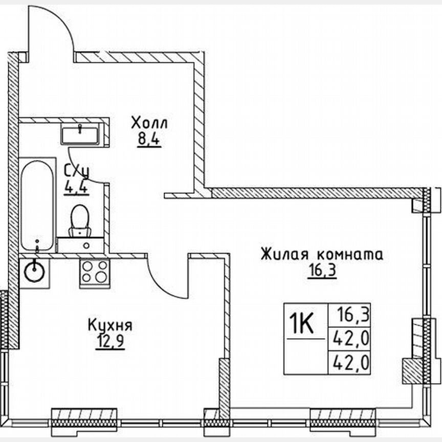 1-к. квартира, 42 м², 2/19 эт.