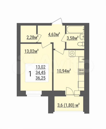 1-к. квартира, 36,3 м², 6/8 эт.