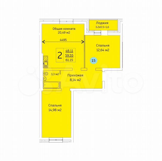 2-к. квартира, 61,2 м², 3/5 эт.