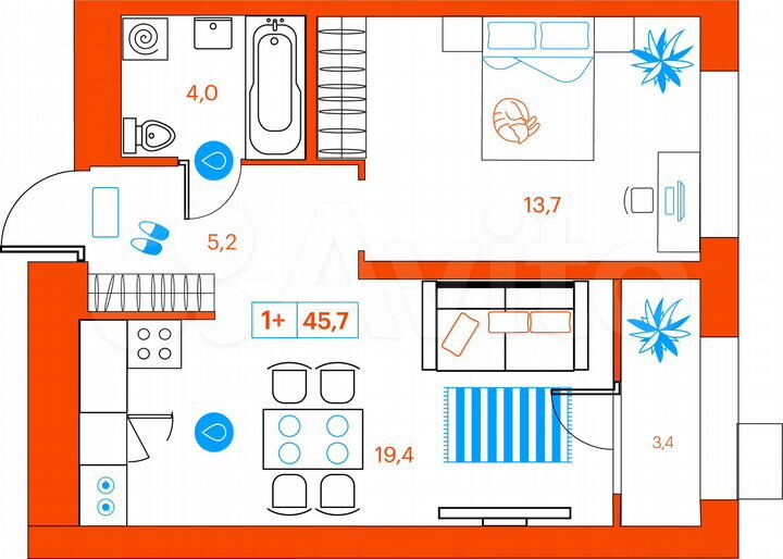 1-к. квартира, 45,7 м², 8/21 эт.