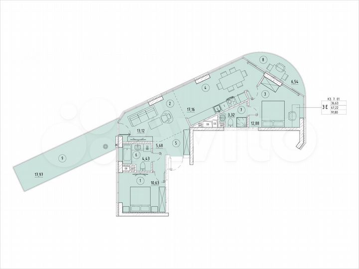 3-к. квартира, 91,7 м², 7/20 эт.