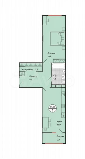 1-к. квартира, 51,2 м², 4/5 эт.