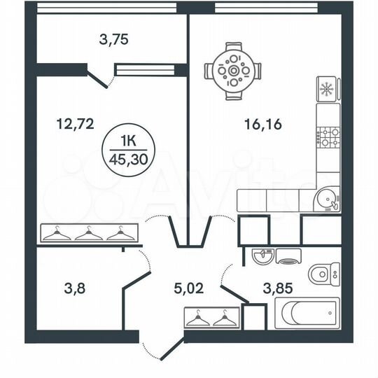 1-к. квартира, 45,3 м², 2/17 эт.