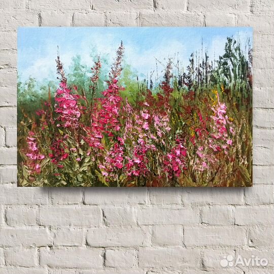 Картина маслом Иван-чай Полевые цветы Пейзаж