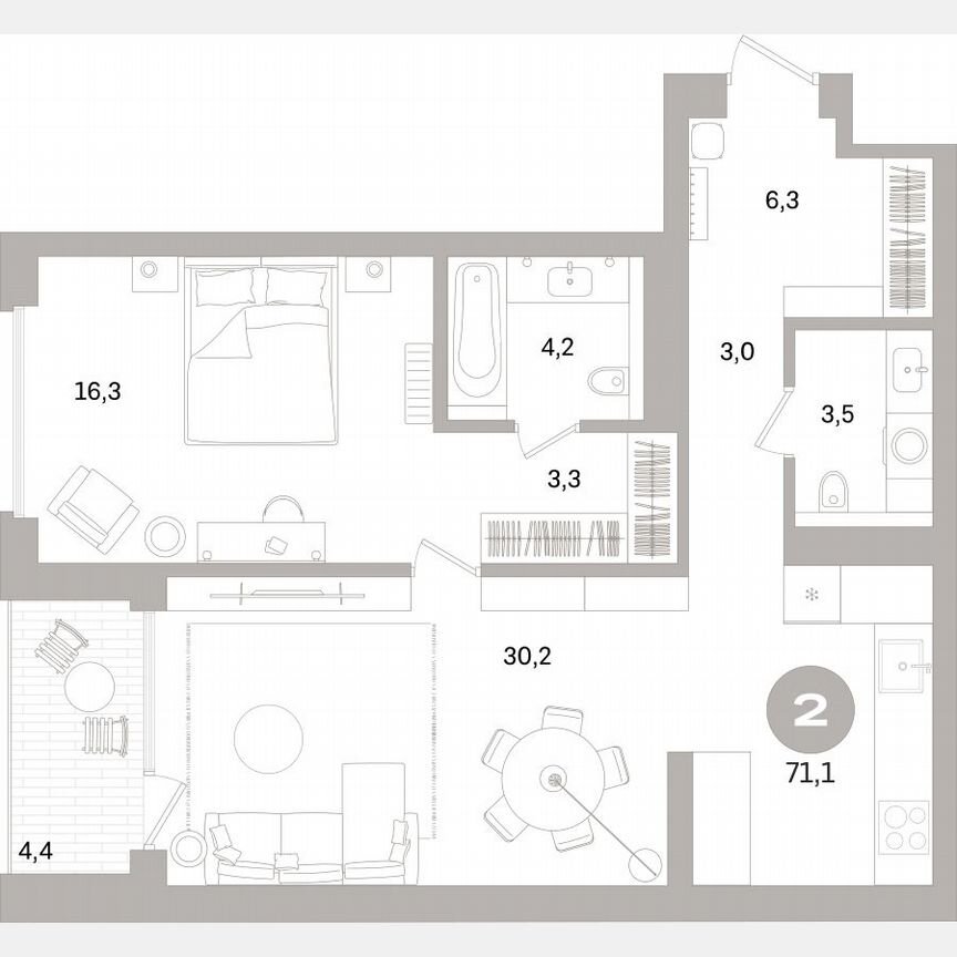 1-к. квартира, 69,8 м², 6/16 эт.