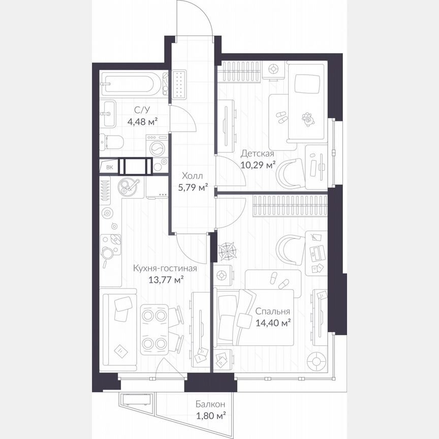 2-к. квартира, 49,3 м², 6/11 эт.