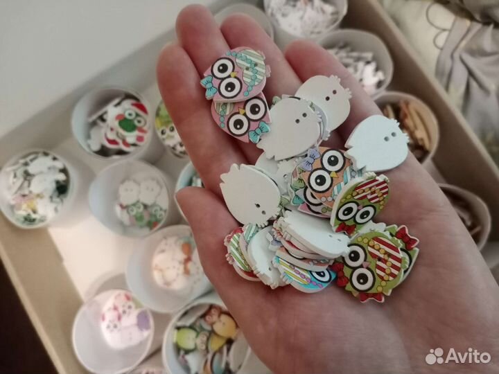 Пуговицы деревянные. Птицы, совы