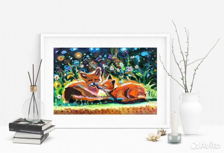 Картина маслом Лисята холст 20 см на 30см