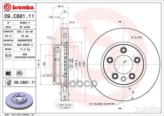 Диск тормозной передний 09.C881.11 09C88111 Brembo