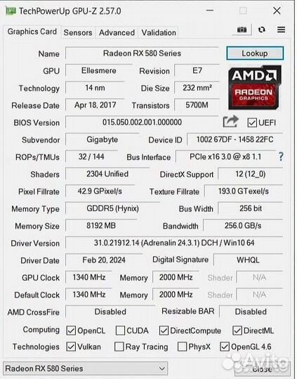 Gigabyte Radeon RX580 Gaming 8Gb