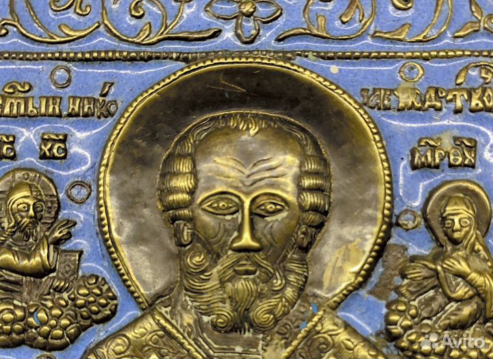 Старинная Икона с эмалями. Николай Чудотворец
