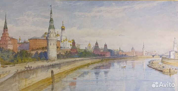 Панорама Кремля Москва старинная акварель картина