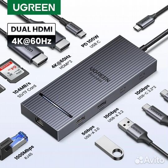 Usb хаб 10-в-1 Ugreen USB-C Hub, 4K+4K, USB 10Gbps