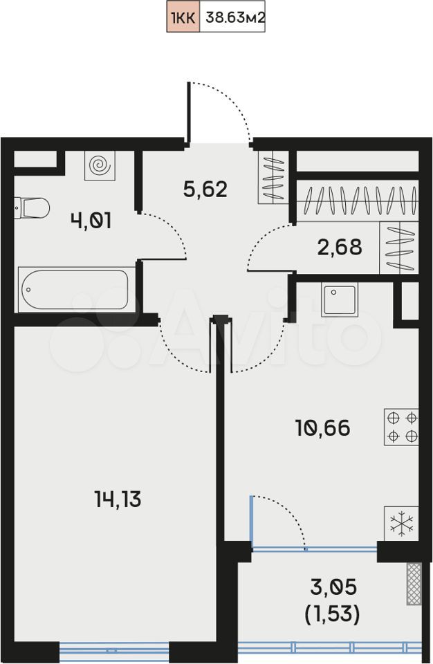 1-к. квартира, 38,6 м², 4/9 эт.