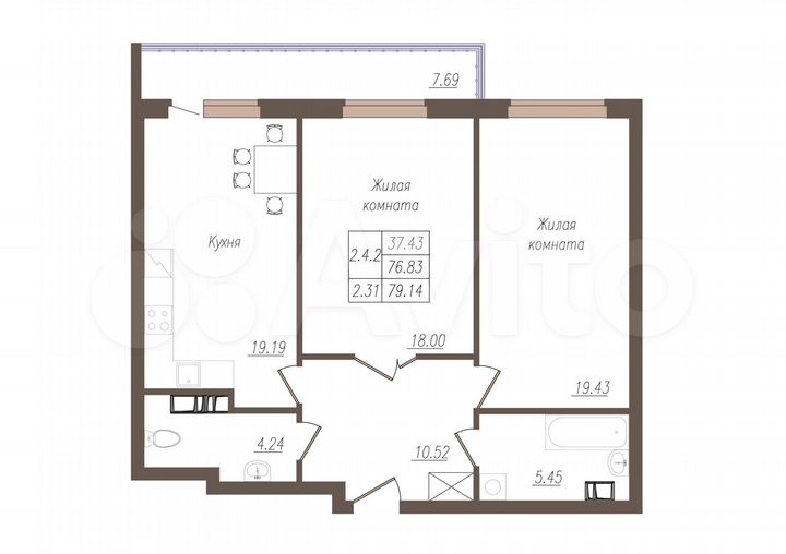 2-к. квартира, 76,8 м², 9/19 эт.