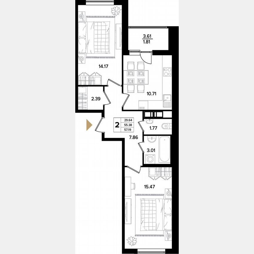 2-к. квартира, 56,5 м², 6/11 эт.