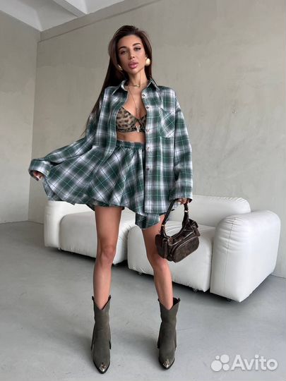 Комплект, юбка и рубашка в клетку, хит 2025