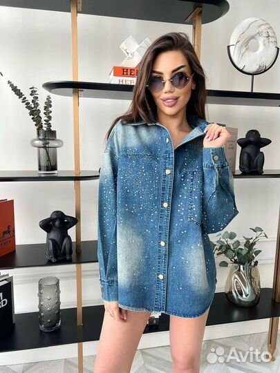 Джинсовая Рубашка в стразах