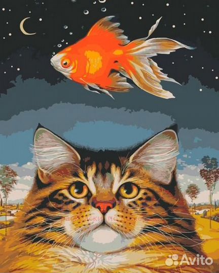 Картина по номерам 30x40 Большой котик и сны о рыб