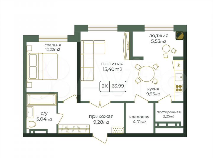 2-к. квартира, 64 м², 13/16 эт.