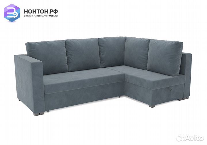 Угловой диван дельфин Мансберг велюр серо-синий