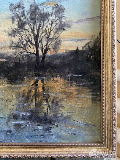 Картина мслом, пейзаж, Вечер на пруду