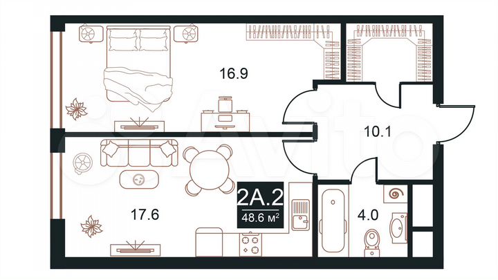 2-к. апартаменты, 48,6 м², 7/21 эт.