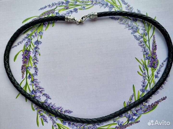 Гайтан кожаный с замком серебро в виде волка