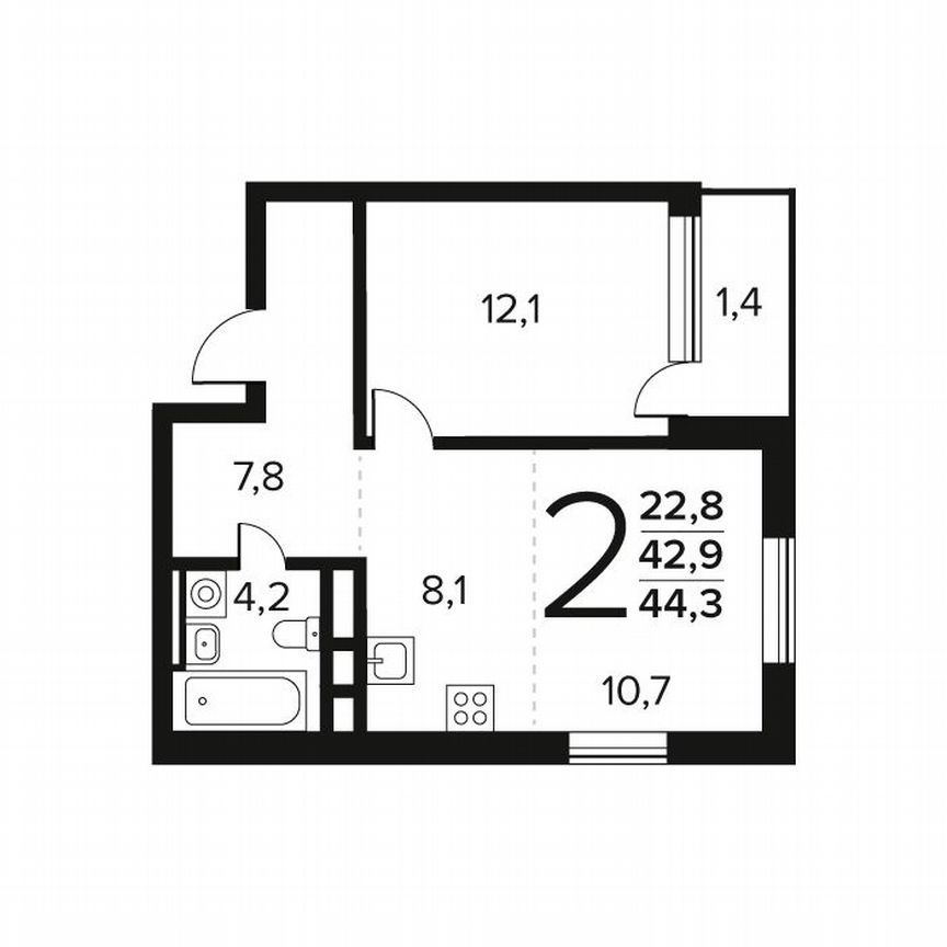 2-к. квартира, 44,3 м², 11/11 эт.