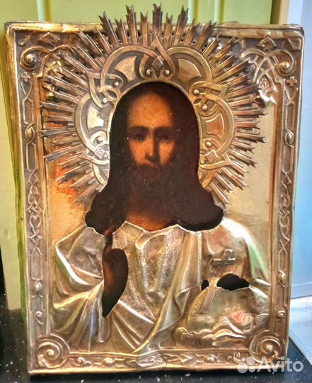 Старинная икона Господь Вседержитель. Серебряный к