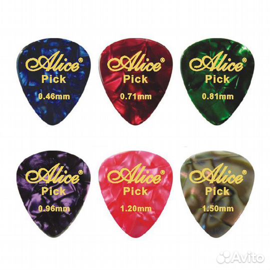 AP-12K Медиаторы, целлулоид, разноцветные, перламутровые, 12шт, толщина 0,46-0,81, Alice