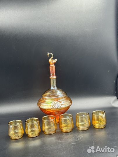 Графин Штоф с рюмками Лебедь Перламутровое стекло