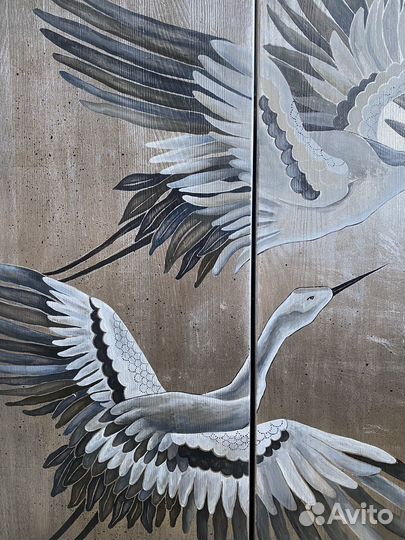 Панно картина сусальные листы триптих журавли