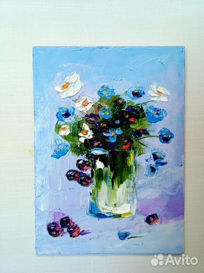 Незабудки ромашки картина маслом 13 х 18 см