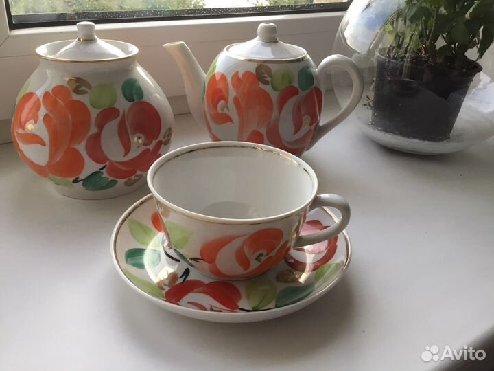 Чайная пара песочное Красные розы Первомайский з-д