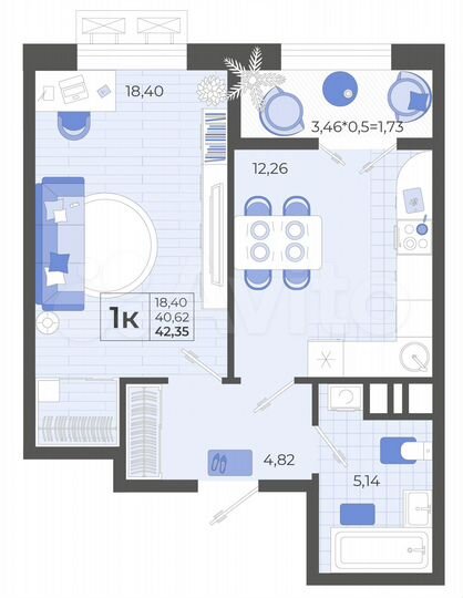 1-к. квартира, 42,4 м², 9/14 эт.