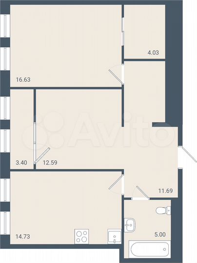 2-к. квартира, 66,3 м², 13/16 эт.