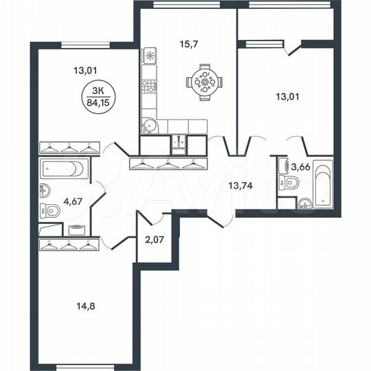 3-к. квартира, 84,2 м², 12/17 эт.