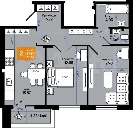 2-к. квартира, 58,4 м², 1/9 эт.