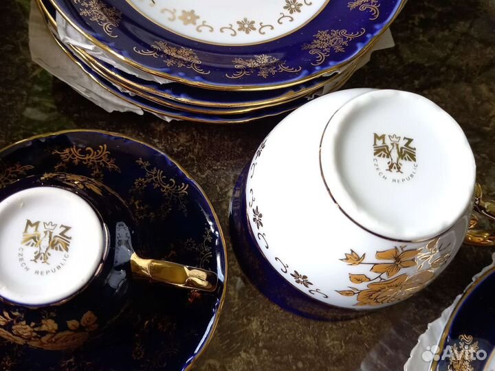 Роскошные блюда,чайные пары,кобальт,Чехия